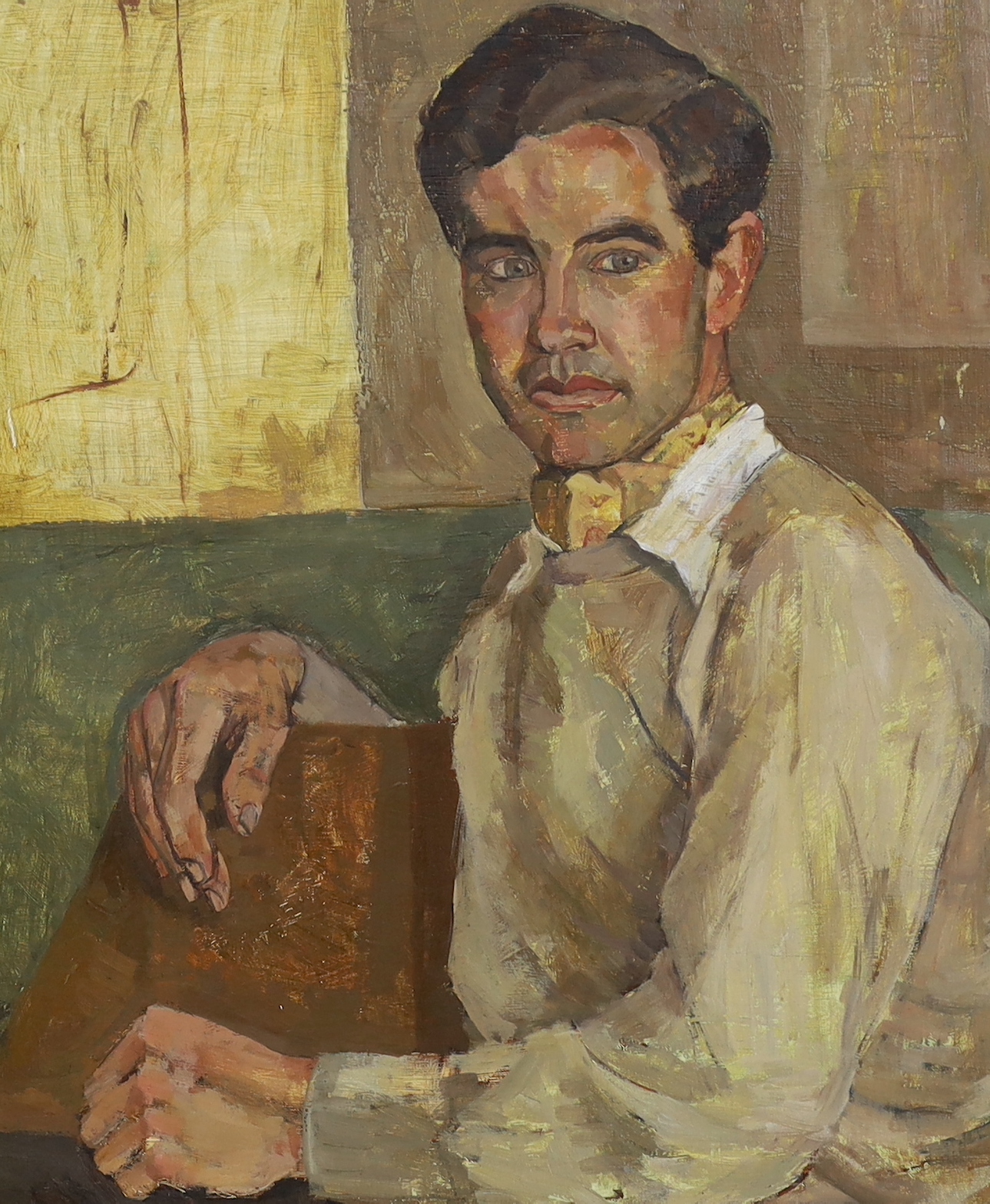 Modern British , Half length portrait of a young man, oil on canvas, 60 x 50cm